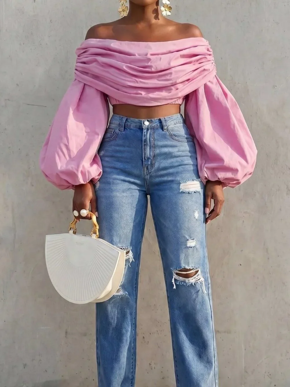 Pink Elegant Women's Casual Ruched Off-Shoulder Cropped Top